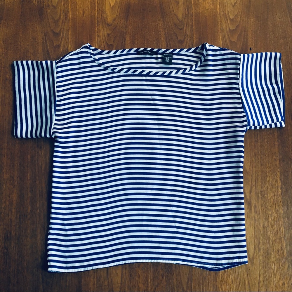 New York & Company Blue & White Striped Blouse